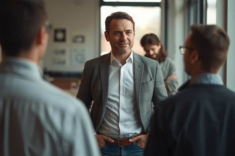 Unternehmer im Gespräch mit Team - Teamspirit - Vertrauen